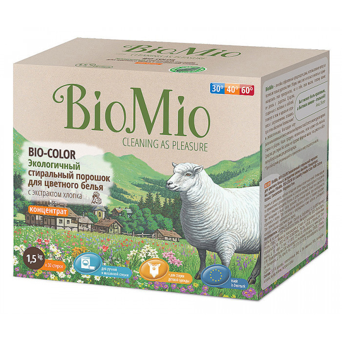 Стиральный порошок BioMio BIO-Color экологичный для цветного белья с экстрактом хлопка концентрат, 1,5 кг