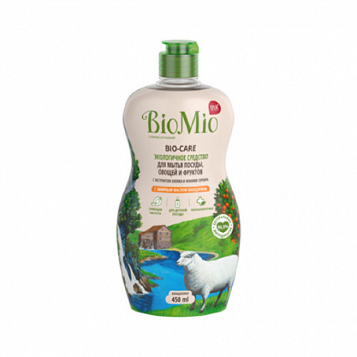 Экологичное средство BioMio для мытья посуды (в т.ч. детской), овощей и фруктов с эфирным маслом мандарина, 450 мл