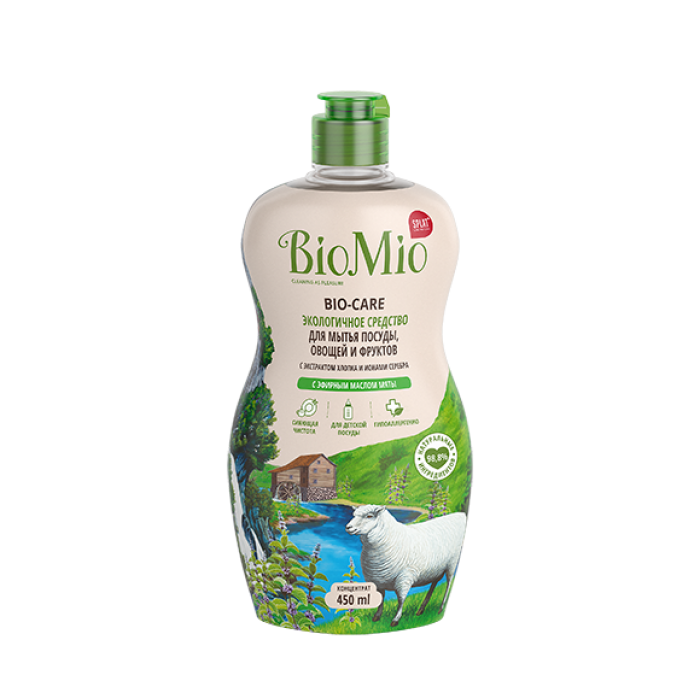 Экологичное средство BioMio для мытья посуды (в т.ч. детской), овощей и фруктов с эфирным маслом мяты, 450 мл